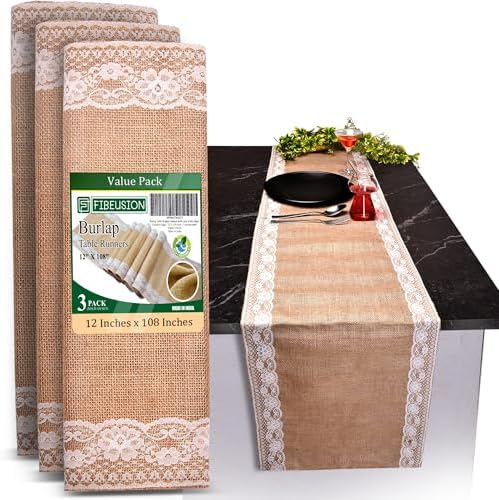 Burlap Lace Table Runner (Pack of 3) – 12”x 108” - No-Fray Finished Edge Natural Table Runner – No Odor, Eco-Friendly Burlap Runner - Perfect for Christmas, Wedding, Thanksgiving by Fibeusion