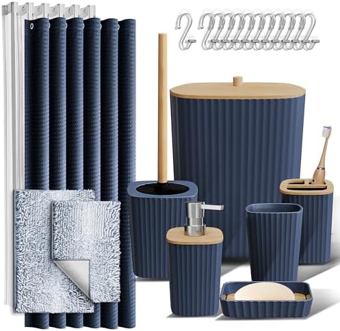 Clara Clark Bathroom Accessories Set - Bathroom Set, Bathroom Sets with Shower Curtain and Rugs, Shower Curtain Set with Bathroom Trash Can - Ombre Navy - 22PC by ClaraClark
