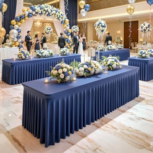 Besutolife 6 Pack Navy Blue Spandex Tablecloth for 8ft Rectangle Tables Fitted Table Cloth Stretch Table Covers Skirt 8ft Rectangular Tablecloths for Banquet Parties Wedding Decorations - Image 2