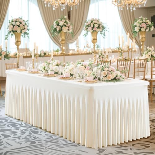 6 Pack Ivory Table Cloth for 8 Foot Rectangle Tables Spandex Fitted Tablecloth 8ft Stretch Table Covers Skirt Ivory Banquet Tablecloths Wrinkle Free Tablecloth for Party Wedding Birthday Event - Image 4