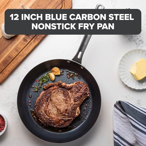 Viking Blue Carbon Steel Frying Pan, 12 Inch Kitchen Cookware, Black - Image 2