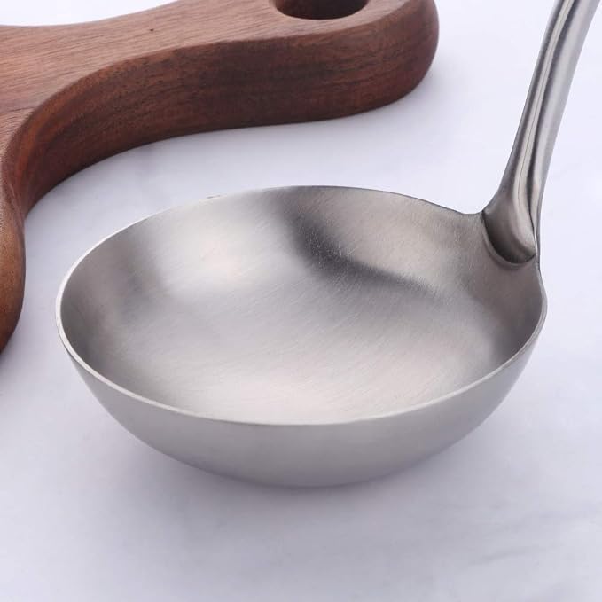 7 Pcs Round Handle Cooking Utensil Set, 304 Stainless Steel Silver Titanium Plated Cookware Sets with Public Fork/Spoon, Potato Mashers, Slotted Spatula, Soup Ladle, Pasta Server, Kitchen Tool Gadget - Image 6