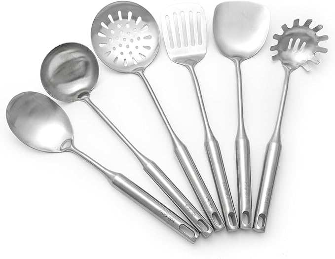 18/10 Stainless Steel Cooking Utensils Set 6 Pcs Metal Long Handle Kitchen Utensil, Spatula, Serving Soup spoon, Leaking shovel, Pasta Spoon Kitchen Tools Set (6 Pieces Set) by Aiminjey