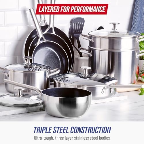 Blue Diamond 15 Piece Stainless Steel Tri-Ply Cookware Pots and Pans Set, Induction Compatible, Diamond Infused PFAS-Free Ceramic Nonstick, Dishwasher & Metal Utensil Safe, Scratch Resistant, Silver - Image 5