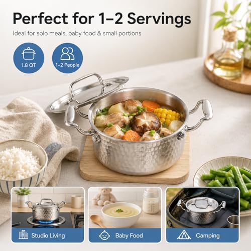 Tri-Ply Stainless Steel Stock Pot,1.8 Quart Sauce Pan with Lid, Induction Pasta Pot for Soup, Gravies & Oatmeal, Fast Even Heating, 18/8 Interior, Oven & Dishwasher Safe, Double Loop Handles - Image 2