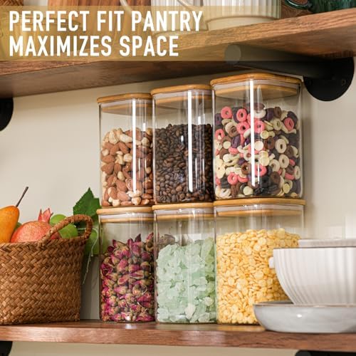 D2scrma 37oz Airtight Glass Square Storage Canister with Bamboo Lid Set of 4 (1100ml) Container Stackable Jar, Kitchen Canister for Pantry Noodles, Flour and Coffee beans (‎with Black Lable) - Image 5