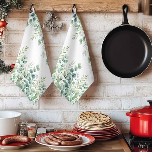 Green Eucalyptus Kitchen Towels Set of 3, Absorbent Dish Towels for Kitchen, Botanical Summer Leaves Country Floral Microfiber Hand Towel, Quick Drying Tea Towel for Cleaning Decorative Dishcloths - Image 6