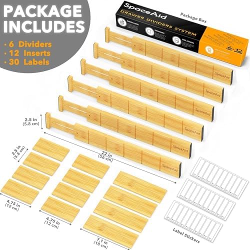 SpaceAid Bamboo Drawer Dividers with Inserts and Labels, Kitchen Adjustable Drawer Organizers, Expandable Organization for Home, Office, Dressers and Bathroom, 6 Dividers with 12 Inserts (17-22 in) - Image 3