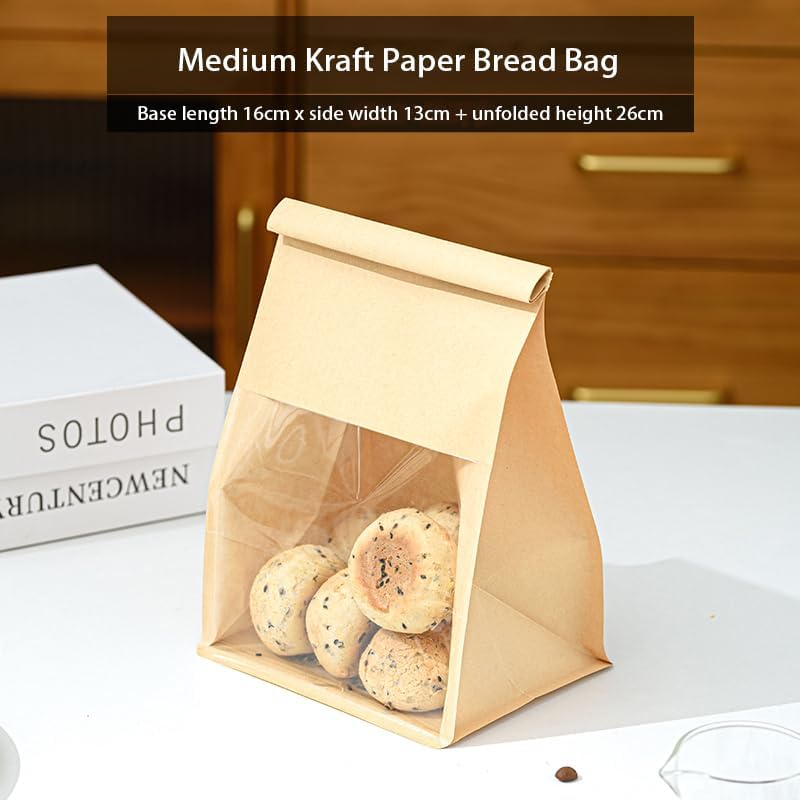 Paper Bakery Bags with Window, Kraft and White, Roll Top Closure, Food Storage for Bread Cookies Snacks (50, Kraft, Medium) - Image 2