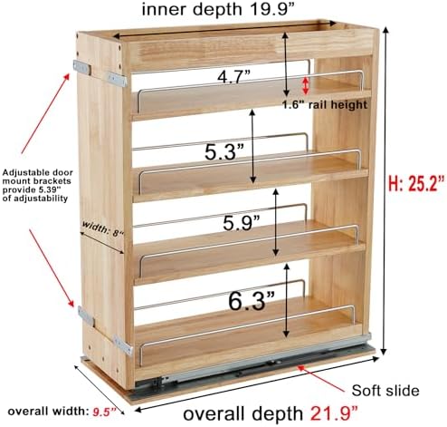 DINDON Pull Out Spice Rack Cabinet Organizer, (8" W x 21.9" D x 25.2" H) Multi-Use Soild Wood Pull Out Cabinet Organizer Slide Out Shelf Sliding Base Cabinet Storage Organization - Image 3