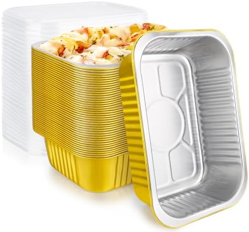 EUSOAR Foil Pans with Lids, 50pack 32oz Disposable Aluminum Foil Mini Loaf Cake Pan Holder with Lids, Heavy Duty Foil Meal Prep Freezer Drip Pan for Microwave Oven Safe Cooking,Baking,Roasting,Heating by EUSOAR