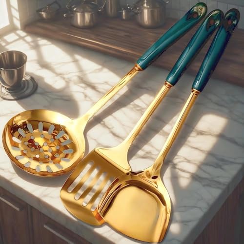 Novellus Stainless Steel Gold Kitchen Utensils Set with Holder, 7pcs Green | Kitchen Accessories for Cooking Includes Soup Ladle, Metal Spatula, Slotted Spoon, Slotted Spatula, Pasta Spoon, Green - Image 5