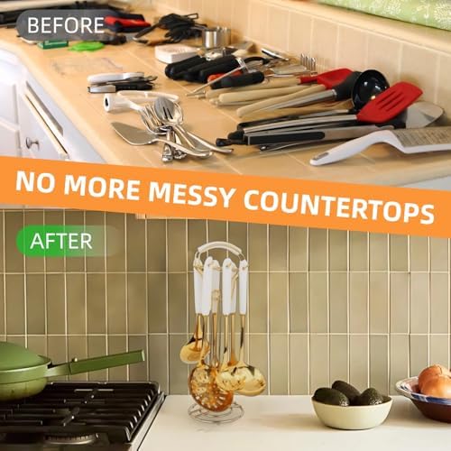 Stainless Steel Gold Kitchen Utensils Set with Holder & Spoon Rest, Durable Kitchen Accessories Includes 6 Cooking Utensils, 1 Hanging Rack,1 Ladle Holder, Easy to Clean, Modern Countertop Décor - Image 4