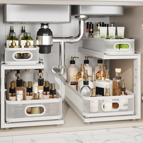 2 Pack 18.5IN-Depth Under Sink Organizer With Next-Gen Ball-Bearing Slides,2-Tier Precision Mesh Pull Out Cabinet Storage for Bathroom&Kitchen,Height Adjustable Drawers Shelf,Anti-rust-White by Corbyles