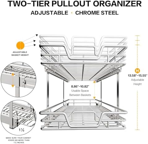 2-Tier Kitchen Cabinet Pull Out Shelf and Drawer Organizer Slide Out Pantry Storaqe Basket in Multiple Sizes (14" W x 21" D) - Image 6