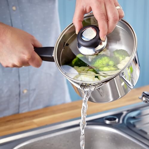 Judge Vista Draining Stainless Steel Large Saucepan with Pouring Lip 18cm 2.1L, Shatterproof Glass Strain & Pour Lid, Induction Ready, Oven Safe - Image 5