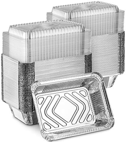 MontoPack Disposable Takeout Pans with Clear Lids | 2lb Capacity Aluminum Foil Food Drip Container with Strong Seal for Freshness & Spill Resistance | Earth, Eco-Friendly & Recyclable 100Pack 8x5.5” by MontoPack