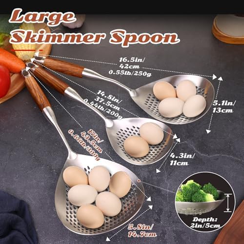 Skimmer Slotted Spoon -17in 304 Stainless Steel Pasta Spider Strainer Skimmer Ladle Spoon for Cooking and Frying - Kitchen Large Metal Scoop Colander Strainer Spoon with Heat Resistant Wooden Handle - Image 2