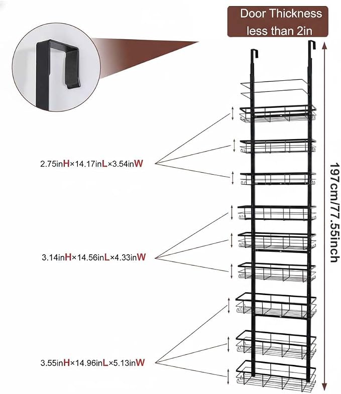 Pantry Door Organizer, 9-Tier Over The Door Pantry Organizer for Kitchen Pantry Storage, Adjustable Metal Hanging Spice Rack with 9 Baskets for Pantry Kitchen Bathroom Laundry Room Closet, Black - Image 5
