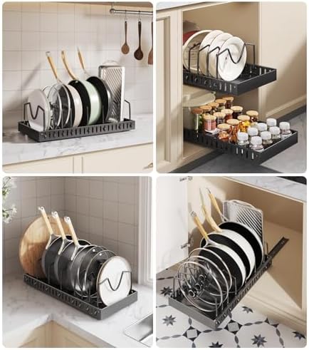 Lozovin Pull Out Pots and Pans Organizer Under Cabinet, Sliding Lid Holder and Pan Rack in Kitchen, Slide Out Inside Cabinet Storage for Pot Lid, Bakeware, Dishes, 8 Adjustable Dividers, 2 Pack Black - Image 6