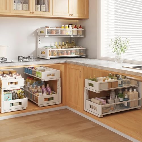 2 Packs 21IN Depth Under Sink Organizer, 2-Tier Pull Out Cabinet Organizer With Smooth Circular Rail, Large Capacity Metal Mesh Sliding Drawers For Bathroom& Kitchen Storage,Height Adjustable –White - Image 6