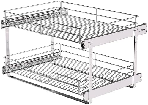 JOWBOOW 2-Tier Pull Out Cabinet Organizer, 23" W x 22" D, Chrome | Heavy-Gauge Wire Slide Out Shelves, 100 lbs Capacity, Ball-Bearing Glides, Min 24" Opening, For Heavy Appliances by JOWBOOW