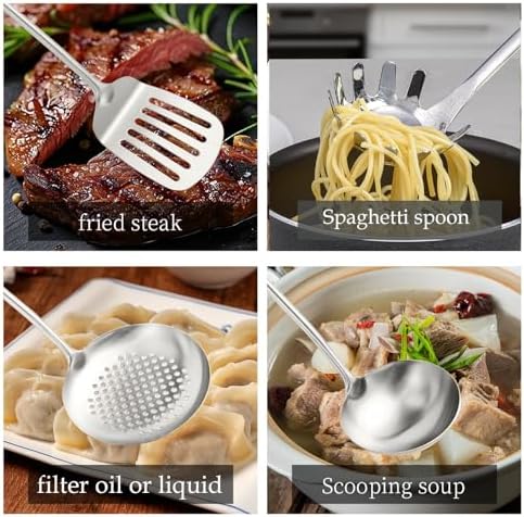 10 PCS Stainless Steel Kitchen Utensil Set Cooking Utensils, Potato Masher Solid Spoon Slotted Spoon Fork Spatula Ladle Skimmer Spoon Slotted Spatula Tunner Spaghetti Spoon Large Spoon - Image 2