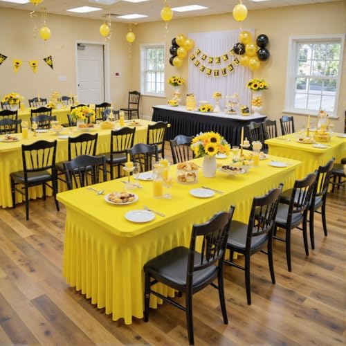 2 Pack Yellow Spandex Table Clothes for 8 Foot Rectangle Tables, Wrinkle Free Lemon Fitted Tablecover 8ft Stretchy Tablecloths with Skirt for Parties Weddings Birthday Banquet Baby Shower - Image 3