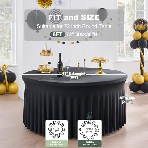 Outpain 12 Pack Black 72in/6FT Round Spandex Tablecloth,132inch Stretchy Fitted Black Table Cloths,Wrinkle Free Round Table Cloths with Skirt for Wedding Vendor Graduation Banquet - Image 4