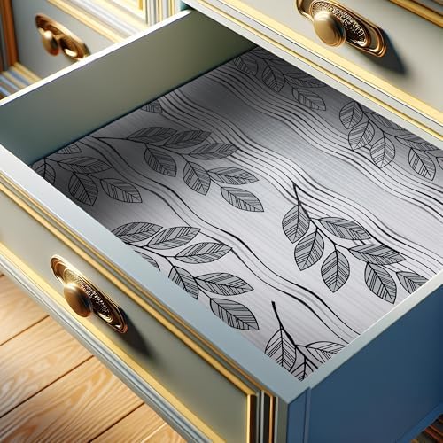 FIFTY FEET Grey Leaves Shelf Liner for Kitchen Cabinets, 18 x 96 Inch x 5 Roll Non Adhesive Non Slip Drawer Liner, Washable Cabinet Liner for Shelves & Drawers by FIFTYFEET