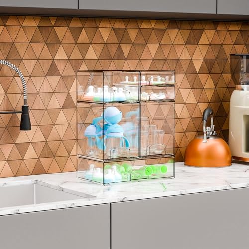 Yieach 6 Set Clear Baby Bottle Organizer for Countertop,BPA FREE Bottle Station Organizer for Breast Pump Parts,Pacifier and Baby Accessories,Stackable Drawers for Bathroom,Cabinet,Pantry Organization - Image 4