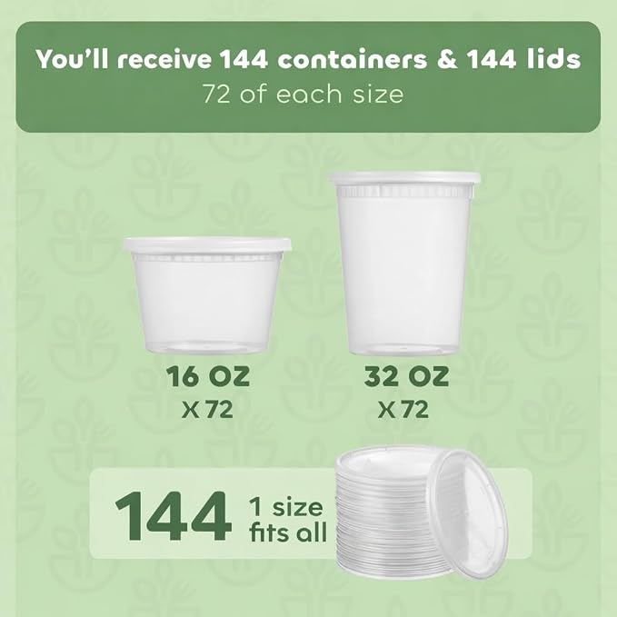 144 Sets Plastic Deli Containers with Lids - 16oz Pint & 32oz Quart | Leak Proof, Microwaveable, Dishwasher & Freezer Safe - Plastic Food Storage, Meal Prep, Restaurant & Soup Containers - Image 2