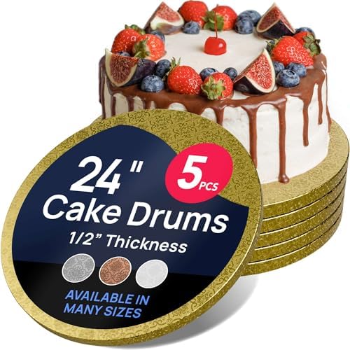 O’Creme Cake Board, Gold Foil Round Cake Circles with Gorgeous Design, Sturdy & Durable 1/2” Thick Cake Drums, Round Cake Boards with 24” Diameter, Pack of 5 Disposable Cake Drums by OCreme