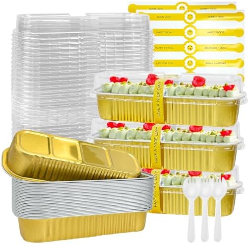 200Pack Gold Mini Cake Pans Disposable Mini Loaf Pans with Lids and Spoons and Stickers, 6.8Oz Aluminum Foil Pans Tins, Individual Dessert Cups Containers for Sales,Party,Picnics by ylnurac