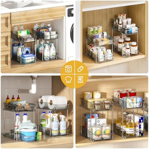 Delamu 2-Tier Under Sink Organizers and Storage, Multi-Purpose Stackable Bathroom Cabinet organizers, Pull Out Kitchen Pantry Organization and Storage with Dividers(2 Pack, Grey) - Image 4