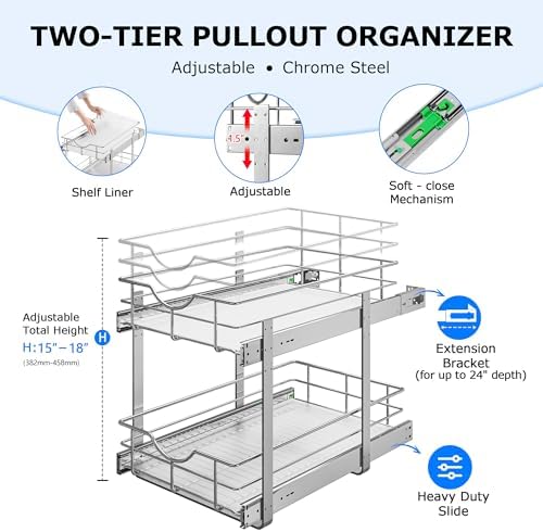 WelFurGeer 2-Tier Kitchen Cabinet Pullout Shelf and Drawer Organizer, Soft Close Pantry Pull Out Shelves, Heavy Duty Pull Out Cabinet Organizer with Shelf Liner for Kitchen Cabinets, Pantry Storage - Image 5