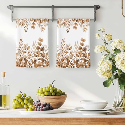 Brown Eucalyptus Kitchen Towels Set of 2, Absorbent Dish Towels for Kitchen, Botanical Summer Leaves Country Floral Microfiber Hand Towel, Quick Drying Tea Towel for Cleaning Decorative Dishcloths - Image 3