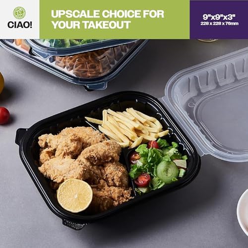 CIAO! 9"x9"x3" Polypropylene Black bottom with Clear Lid Hinged Container 3 Compartment Take Out Container, Microwavable, Recyclable and Reusable, (Case of 150) - Image 7