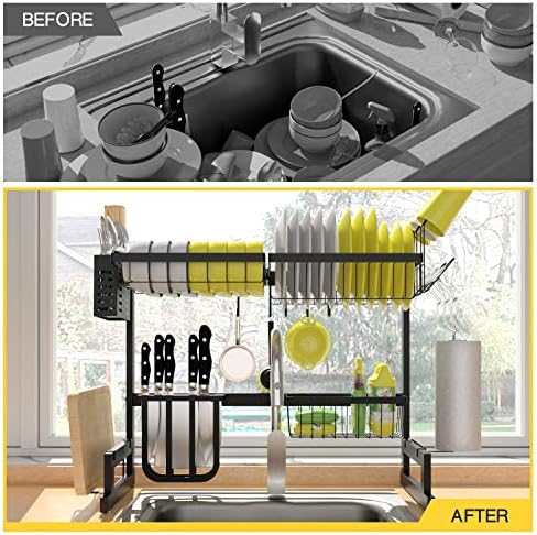 KINGRACK Over The Sink Dish Drying Rack, 2-Tier Dish Rack, Dish Drainer with Utensil Holder&Hooks, Kitchen Storage Organizer for Plates Bowls Pots, Black, for Sink Size < 24.8'' - Image 5