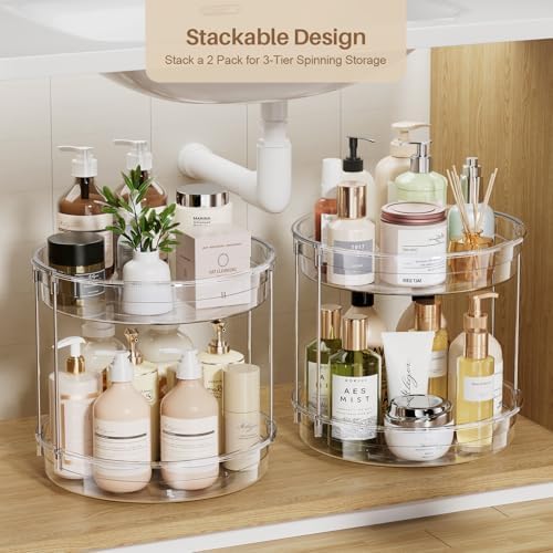 LAMU 2 Pack 2 Tier Lazy Susan Turntable Organizer 12inch Rotating Spice Rack Organization for Cabinet, Kitchen, Pantry, Countertop, Bathroom, Vanity, Medicine Cabinet Organizer, Clear - Image 2