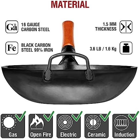 YOSUKATA Carbon Steel Wok Pan – 13,5 “ Stir Fry Pans PLUS 17" Wok Spatula and Ladle Skimmer Spoon - Stainless Steel Cooking Utensils Set - Image 4