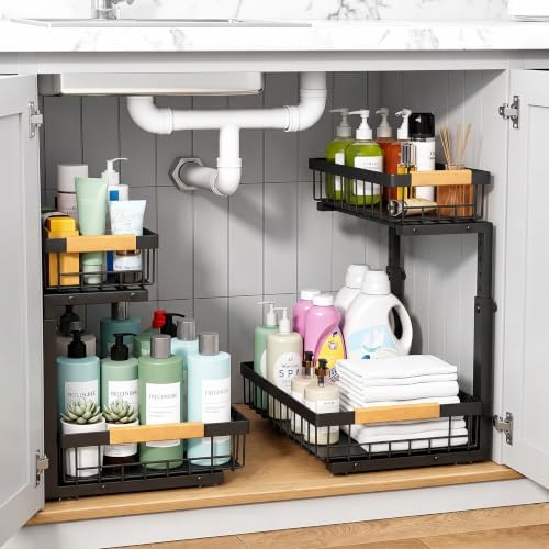 Under Sink Organizer 2 Pack, 2 Tier Pull Out Cabinet Organizers and Storage for Kitchen Bathroom Pantry Laundry, Adjustable Height, Slide Out Thickened Metal Storage Shelf (Black, 2 Pack) by Unknown
