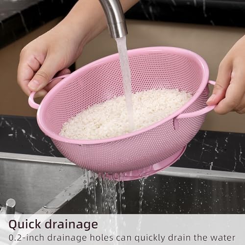 Stainless Steel Colander 3 Piece,Metal Strainer Basket with Solid Base and Handles for Kitchen Food,Pasta, Noodles, Vegetables and Fruits,Powder Coated,BPA Free,Dishwasher Safe,2 & 3 & 4.5 Qt (Pink) - Image 3