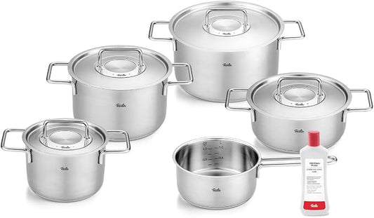 Fissler Pure Collection 6-Piece Stainless Steel Saucepan Set with Metal Lids (3 Saucepans, 1 Stewing Pan 1 Saucepan 1 Stainless Steel Care) - Induction, Silver by Fissler