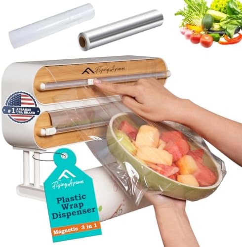 APSARAS USA Magnetic Plastic Wrap Dispenser with Cutter, 3 in 1 Aluminum Foil wrap Organizer, Practical Refillable Cling Wrap Film Cutter, Wall Mount Kitchen Wrap Dispenser, Include 2 * 12" Rolls by FLYINGAPSARAS