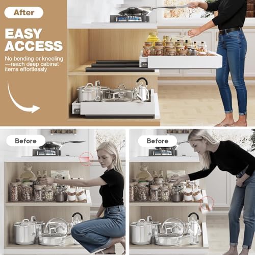 Seinloes Pull Out Cabinet Organizer, 4-Side Expandable to Fit Most Cabinets, 3 Rail Slide Out Drawers with Raising Pad for Framed & Frameless Cabinets, 13"-21" W x 13"-17" D, White, 2 Pack - Image 5