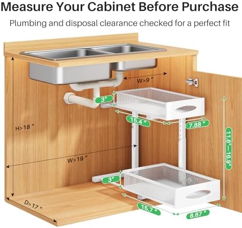 Under Sink Organizer, 2 Pack 2 Tier Pull out Cabinet Organizer Baskets with Mesh Sliding Drawers, Slide out Sink Storage Shelves for Kitchen, Bathroom, Pantry, Cabinet Organizers and Storage(White) - Image 2