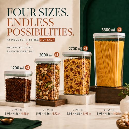 12-Piece Airtight Food Storage Containers, Pantry Canister Set | Three each of 1.3, 2.1, 2.9 and 3.5 Qt; clear stackable BPA-free pantry canisters with pop lids and tall spaghetti storage. - Image 5