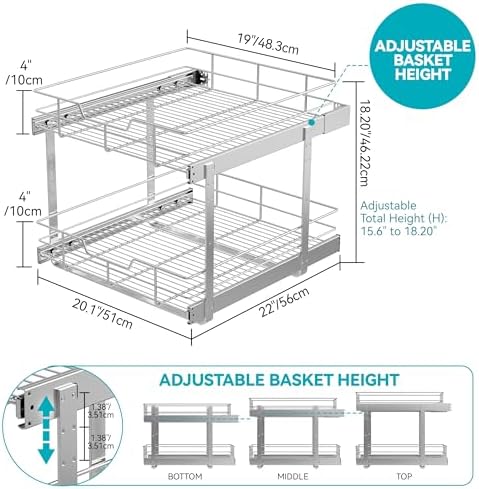 2 Tier Pull Out Cabinet Organizer 21" W X 22" D, Chromed, Full Slide Out - Image 2