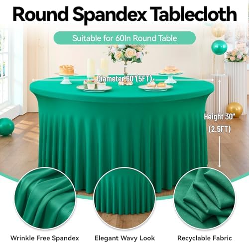leegleri 6 Pack Emerald Spandex Round Tablecloths, Stretchy 120inch Fitted 5FT Table Cloths with Skirt for Wedding Party Dining Banquet - Image 4